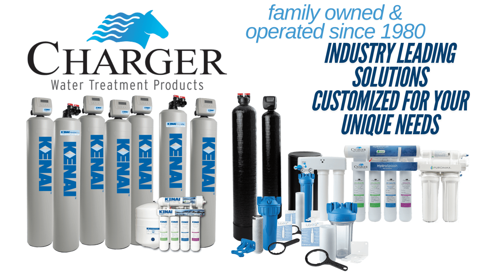 Image of a grouping of Charger brand water treatment products